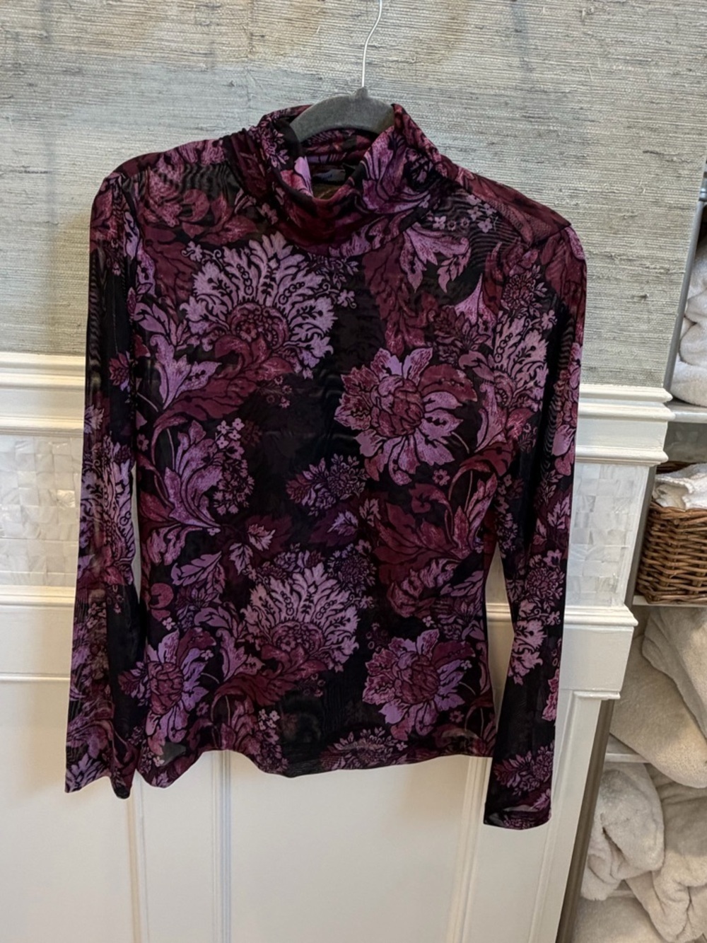 Large Whbm White House Black Market semi sheer mock neck top Plum Black pattern